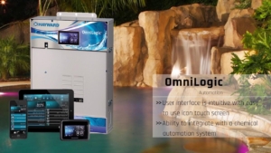 A Hayward OmniLogic automation system is shown by a luxury pool and waterfall, with screens displaying its digital interface and a text list of features.