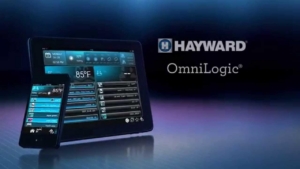 Tablet and smartphone displaying the Hayward OmniLogic pool control interface, ideal for managing outdoor living features like custom spas and fiberglass pools, with the Hayward OmniLogic logo shown on the right side of the image.