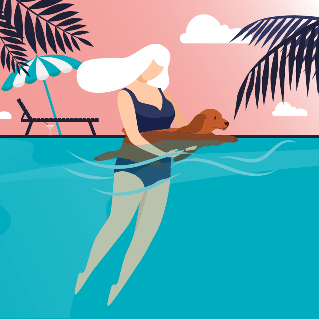 graphic of a woman in a swimming pool teaching a dog how to swim