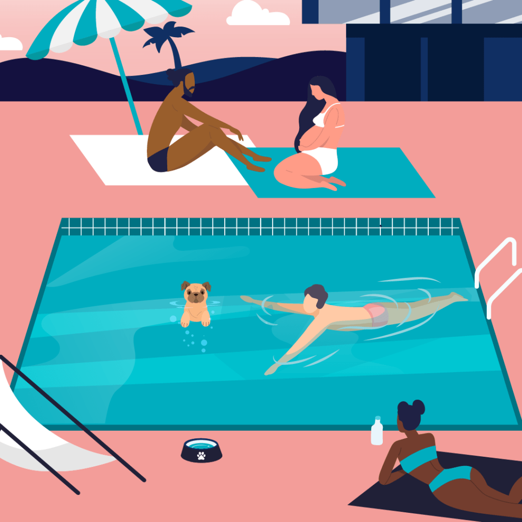 graphic of an outdoor swimming pool with a people sunbathing, and a person swimming with a dog