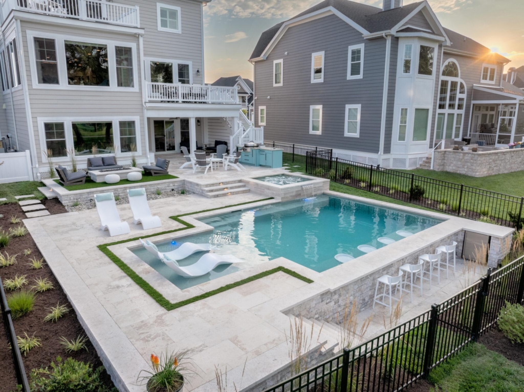 Dream pool with tiers, custom spa, fire pit and swim up bar