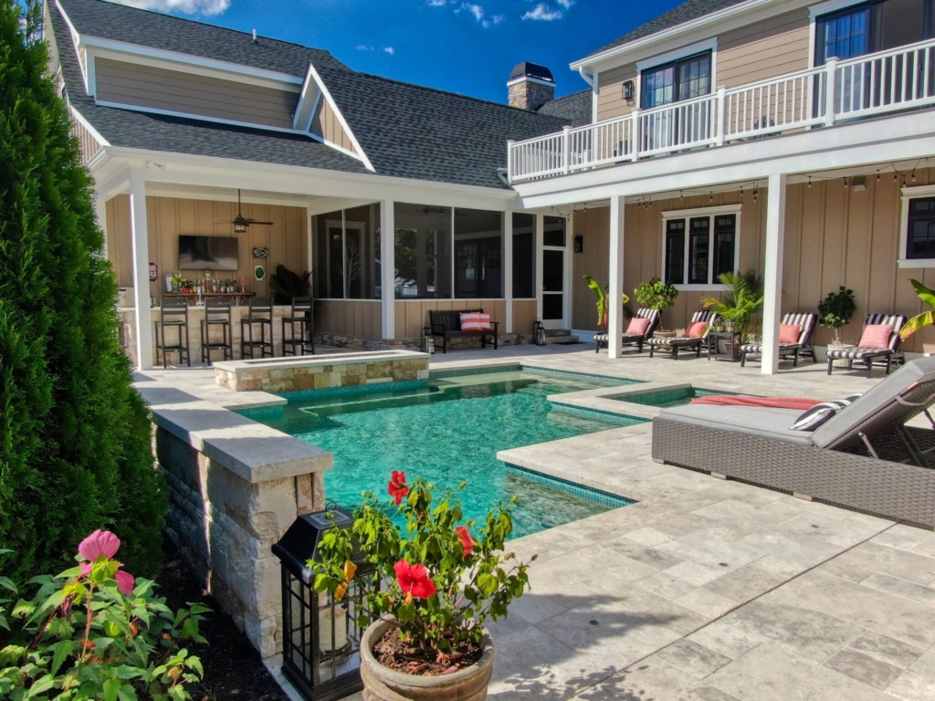 Backyard with pool, spa, kitchen all done by done one contractor