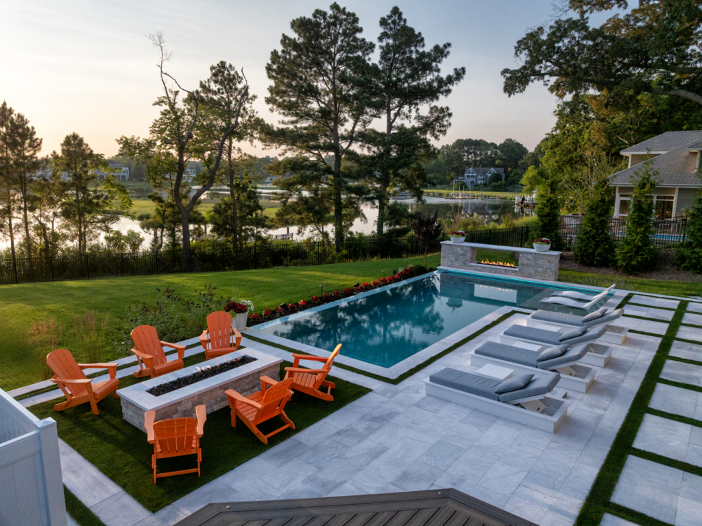 Custom Gunite Pool, with two fire features and PAL lighting with luxurious marble patio