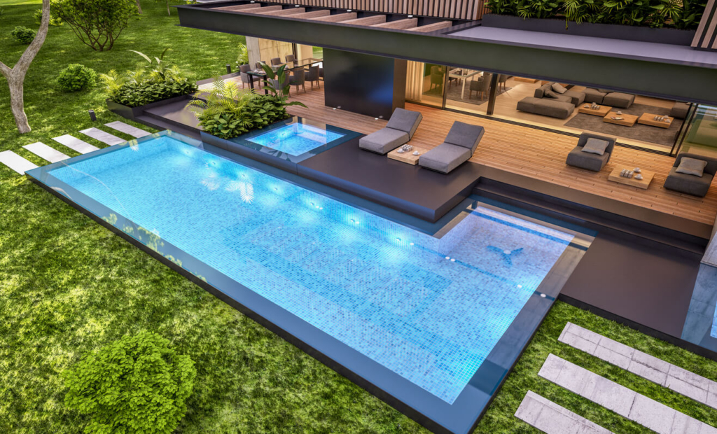 Luxury 3D pool design with spa and decking – Ashton Pools by Design
