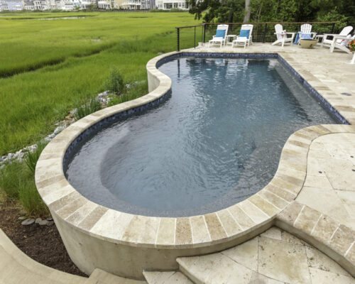Curved outdoor swimming pool with stone tile deck and patio chairs, overlooking a grassy marshland—perfect for elevated outdoor living and relaxation.