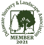 Logo for the Delaware Nursery & Landscape Association featuring silhouettes of three trees and text stating MEMBER 2021, symbolizing a commitment to outdoor living.