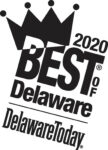 Black and white Best of Delaware 2020 logo featuring a crown graphic, Delaware Today text, and celebrating excellence in outdoor living and inground pools.
