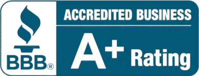BBB Accredited Business A+ Rating logo in blue and white, representing trust for inground pools and outdoor living projects.