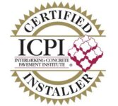 Gold and white seal with Certified Installer around the edges and ICPI Interlocking Concrete Pavement Institute with a red pavement graphic in the center—representing expertise in luxury pools and outdoor living.