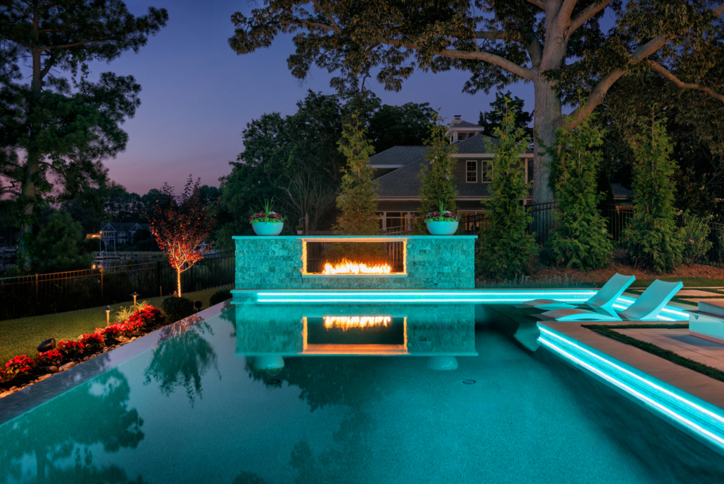 custom gunite pool with fire feature