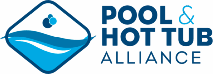 Logo for Pool & Hot Tub Alliance featuring a stylized blue water design on the left and the organization name in blue text on the right, representing expertise in inground pools and custom spas.