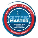 Certified Master Pool Builder & Design Professional badge from the Pool & Hot Tub Alliance, powered by Genesis, features a blue and red circular design—perfect for professionals in luxury pools and outdoor living.