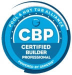 Blue and white circular badge labeled CBP Certified Builder Professional with Pool & Hot Tub Alliance, Powered by Genesis—perfect for experts in inground pools, custom spas, and outdoor kitchens.