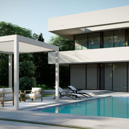Modern house with large windows, a luxury pool, poolside lounge chairs, a shaded seating area, and outdoor kitchen, all surrounded by greenery on a sunny day.