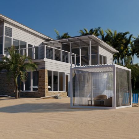 Modern beach house with large windows and balcony, palm trees nearby, and a white outdoor cabana with seating on sandy ground under a clear sky—perfect for outdoor living.