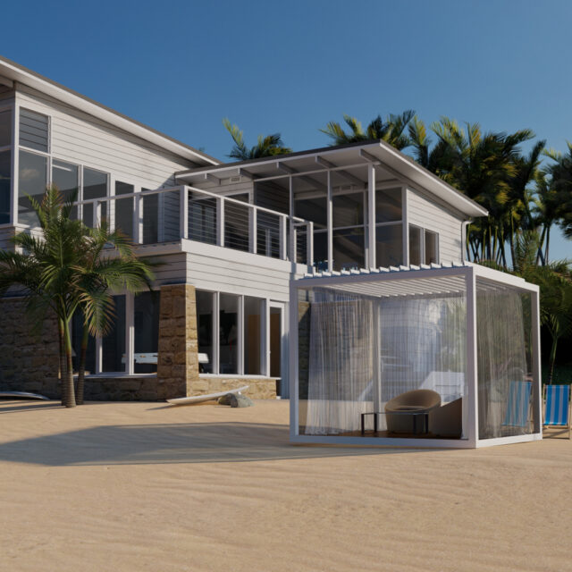 Modern beach house with large windows and balcony, palm trees nearby, and a white outdoor cabana with seating on sandy ground under a clear sky—perfect for outdoor living.