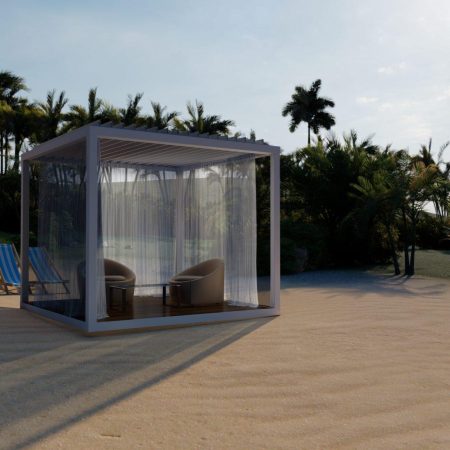 A modern cabana with two chairs and a small table sits on a sandy beach near palm trees, offering stylish outdoor living. Nearby are two blue-striped lounge chairs and a ball, perfect for relaxing by the shore.