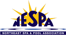 Logo for the Northeast Spa & Pool Association featuring a yellow sunburst behind blue NESPA letters and blue water ripples below, reflecting their expertise in inground pools and luxury pools.